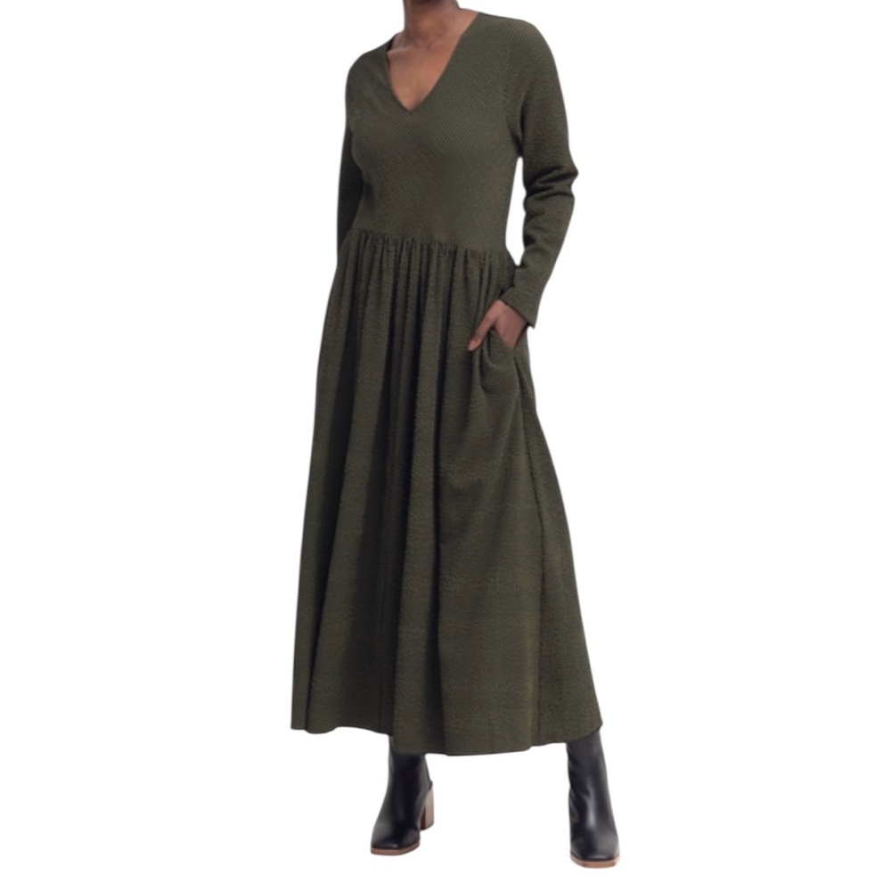 ELK The Label V Neck Midi Dress Olive Green Minimalist Lagenlook Size US 14